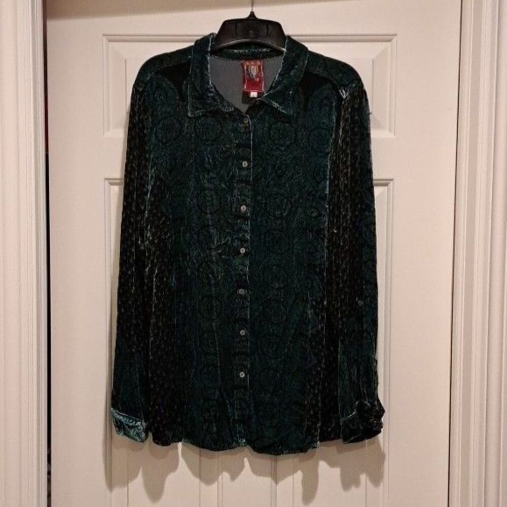Johnny Was Green Velvet Multi-Pattern Button Up Long Sleeve Blouse Size L